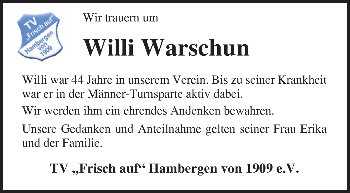 Traueranzeige von Willi Warschun von Osterholzer Kreisblatt