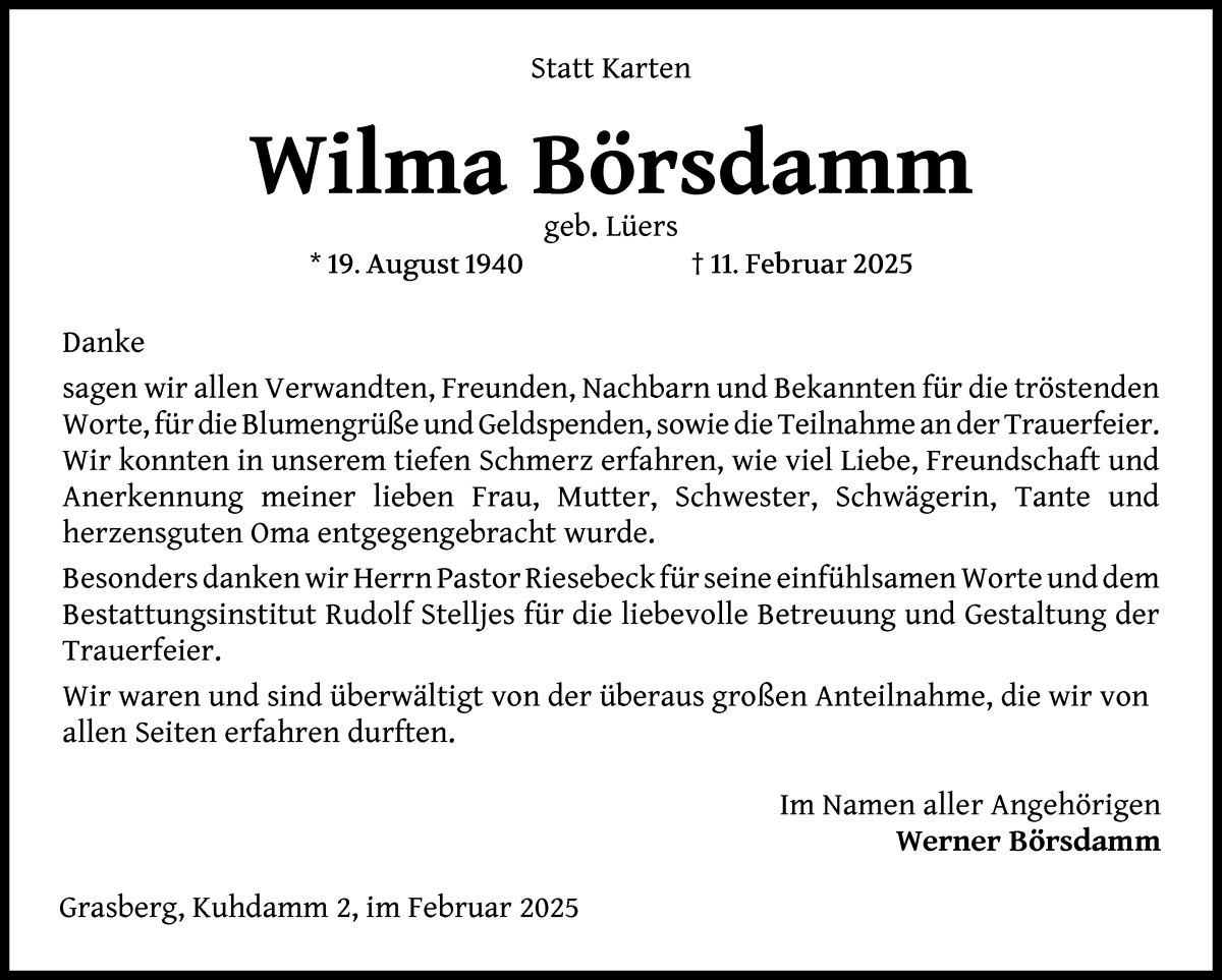 Traueranzeige von Wilma Börsdamm von Wuemme Zeitung