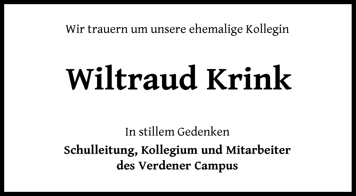 Traueranzeige von Wiltraud Krink von Achimer Kurier/Verdener Nachrichten