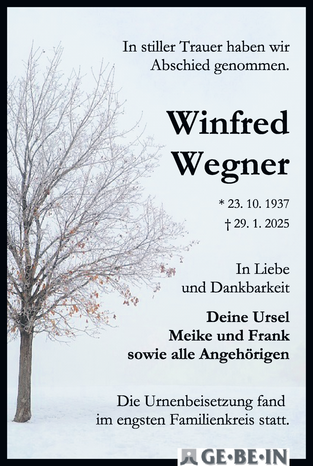 Traueranzeige von Winfred Wegner von WESER-KURIER