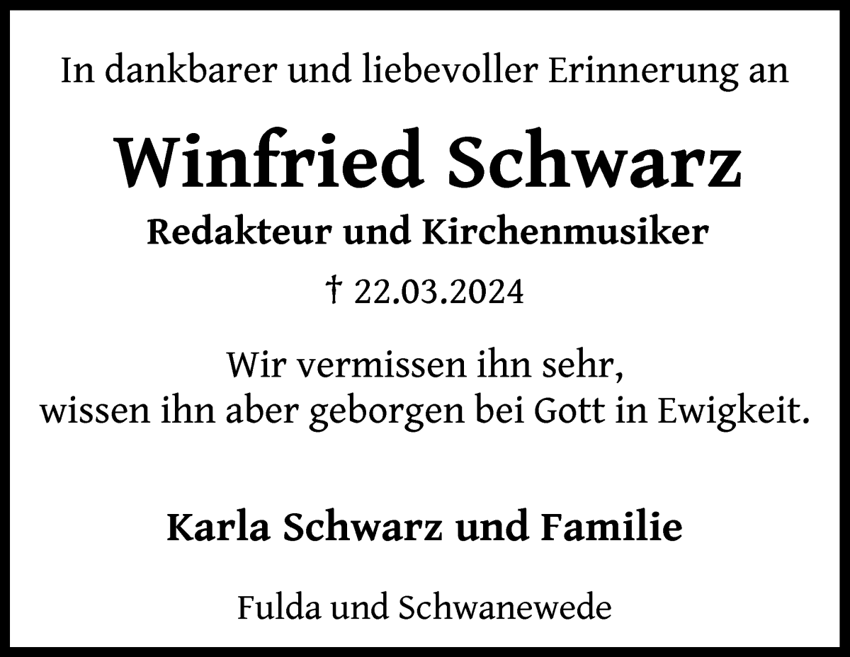 Traueranzeige von Winfried Schwarz von Die Norddeutsche