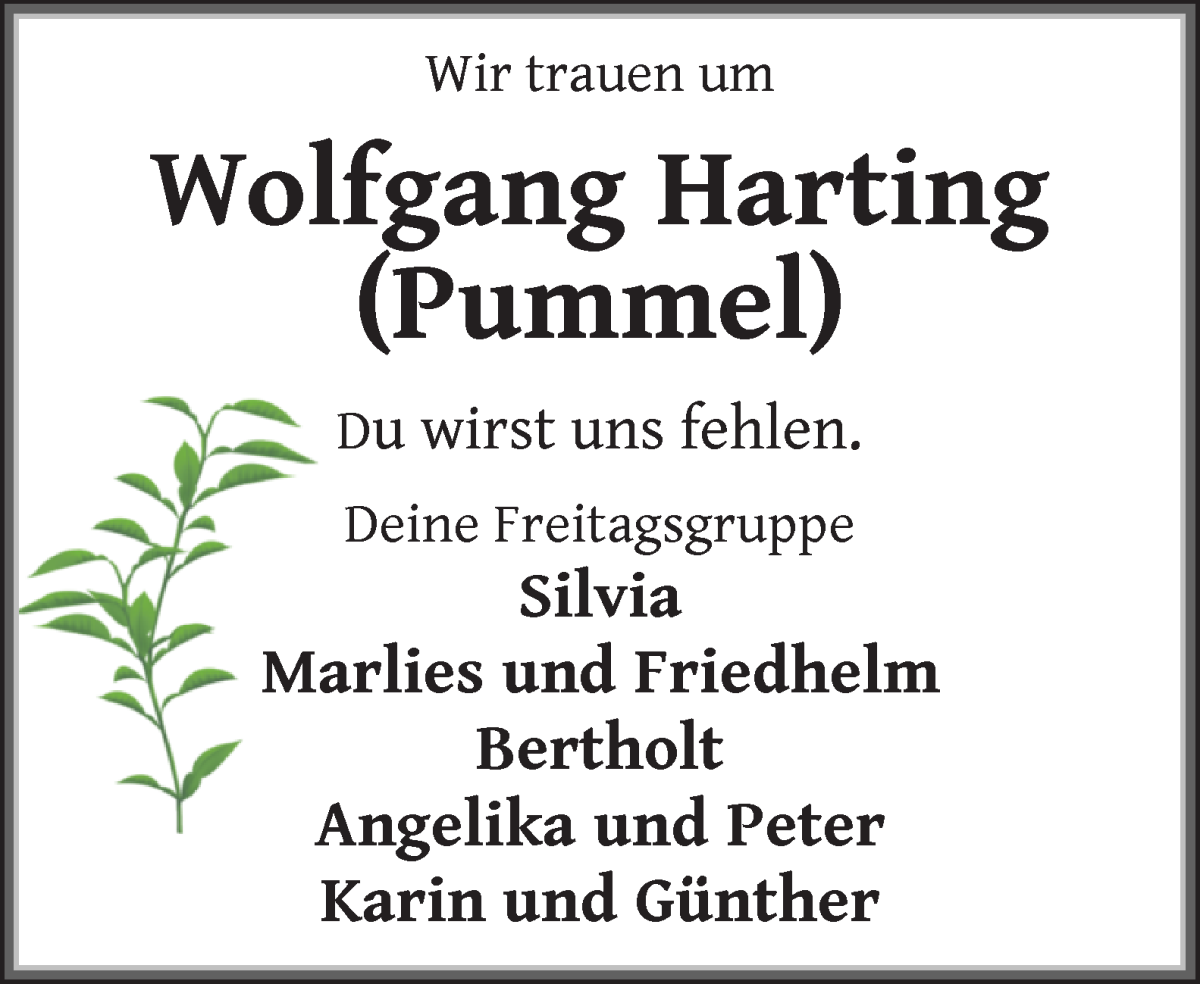 Traueranzeige von Wolfgang Harting von WESER-KURIER