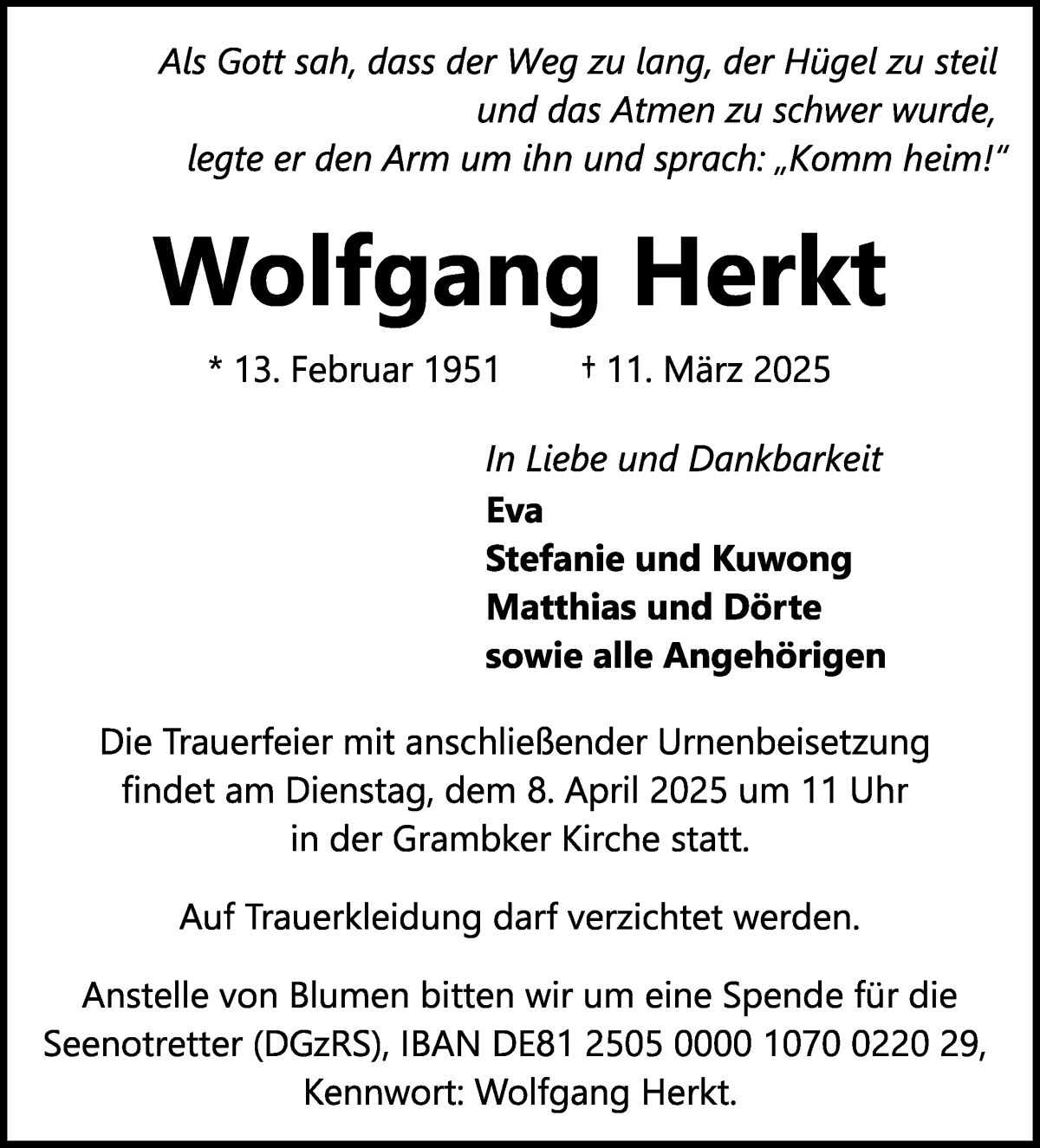 Traueranzeige von Wolfgang Herkt von WESER-KURIER