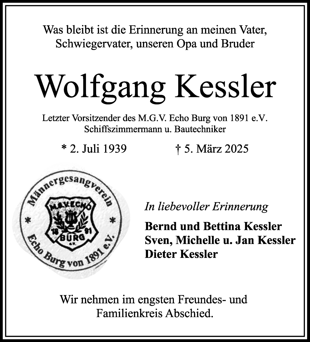 Traueranzeige von Wolfgang Kessler von WESER-KURIER