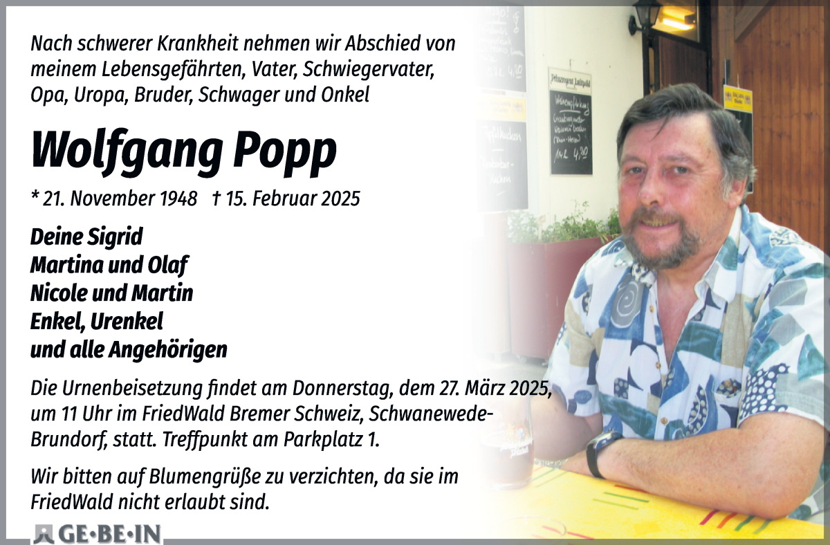 Traueranzeige von Wolfgang Popp von WESER-KURIER