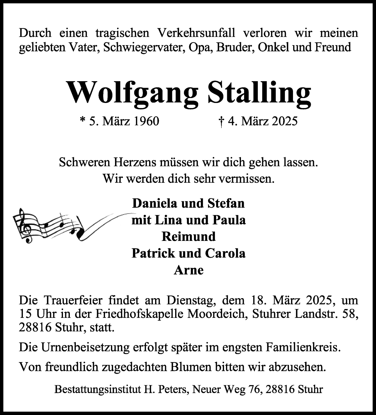 Traueranzeige von Wolfgang Stalling von WESER-KURIER