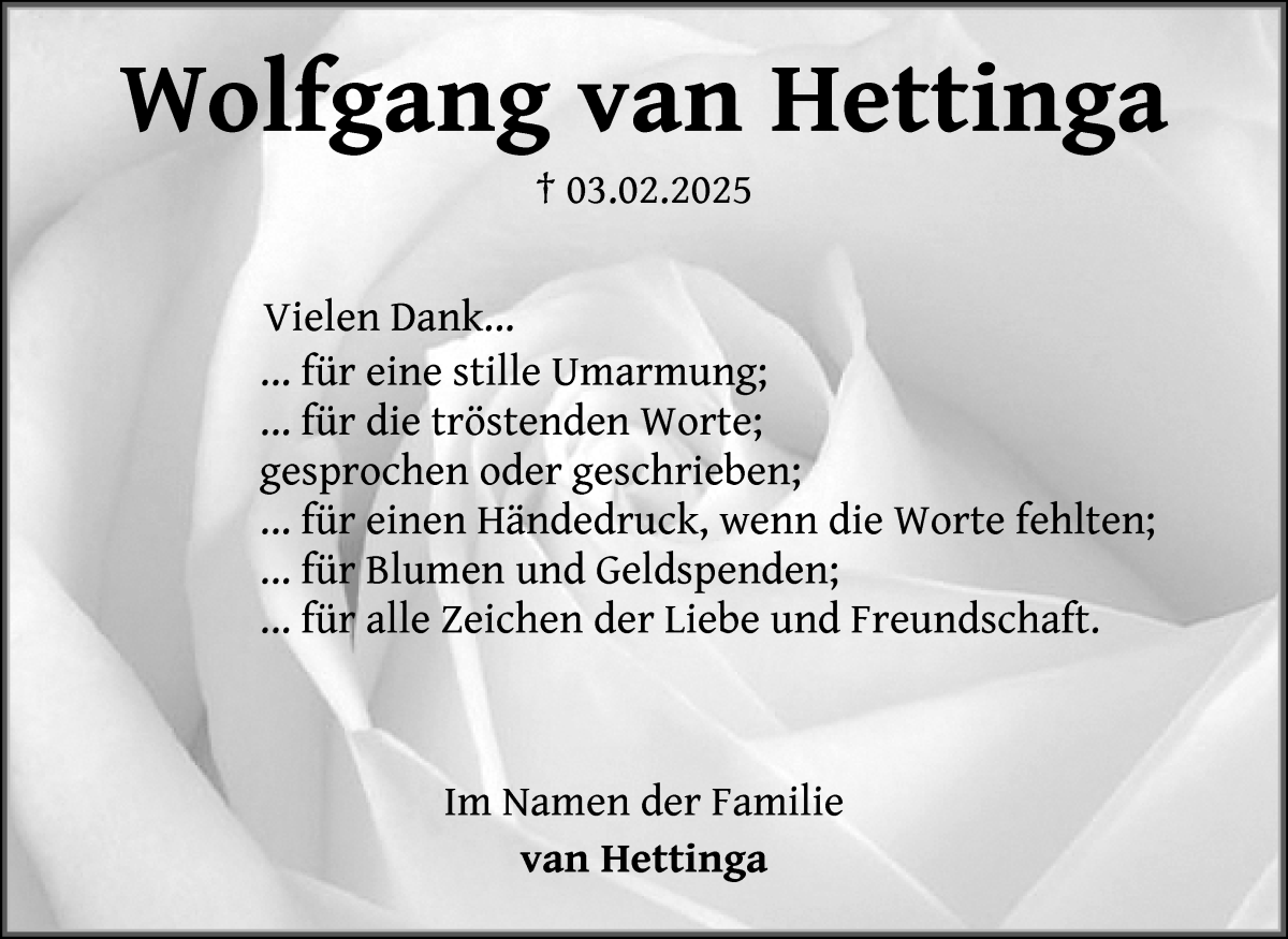 Traueranzeige von Wolfgang van Hettinga von WESER-KURIER