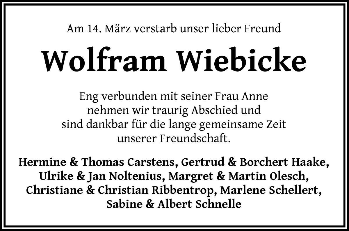 Traueranzeige von Wolfram Wiebicke von WESER-KURIER