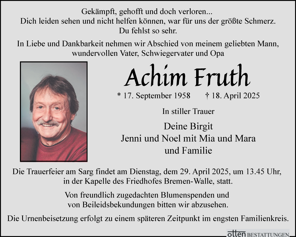 Traueranzeige von Achim Fruth von WESER-KURIER