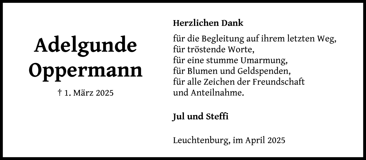 Traueranzeige von Adelgunde Oppermann von Die Norddeutsche