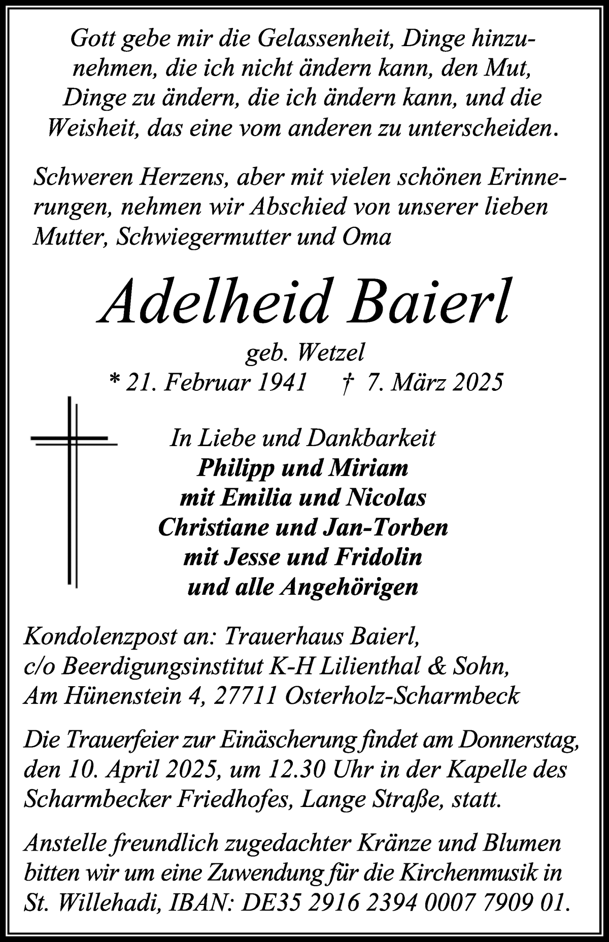 Traueranzeige von Adelheid Baierl von Osterholzer Kreisblatt
