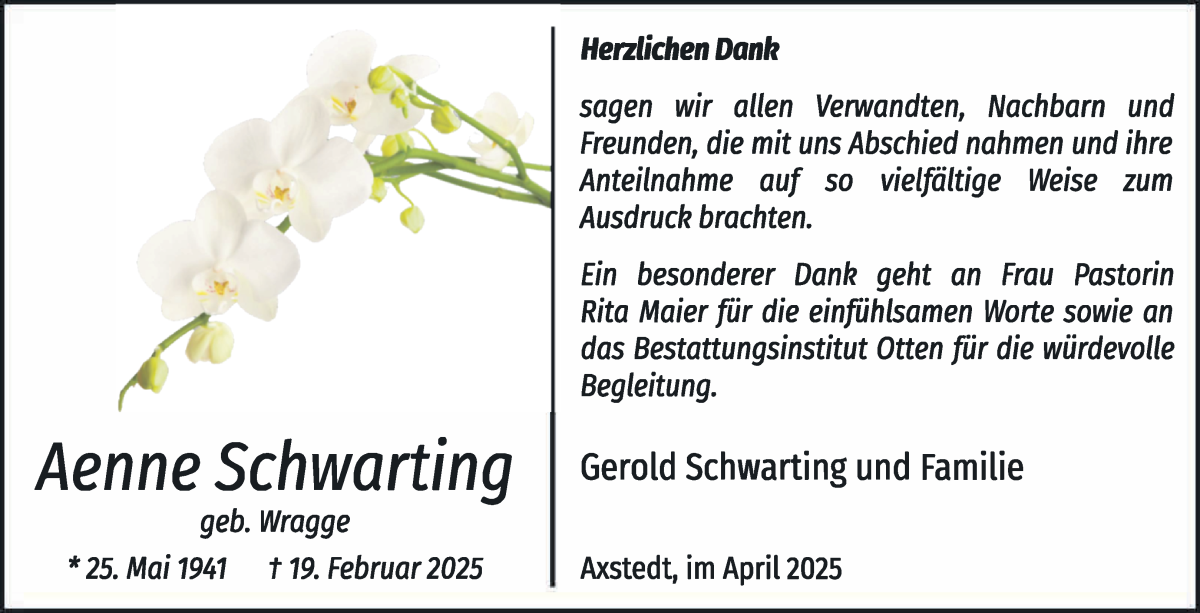Traueranzeige von Aenne Schwarting von Osterholzer Kreisblatt