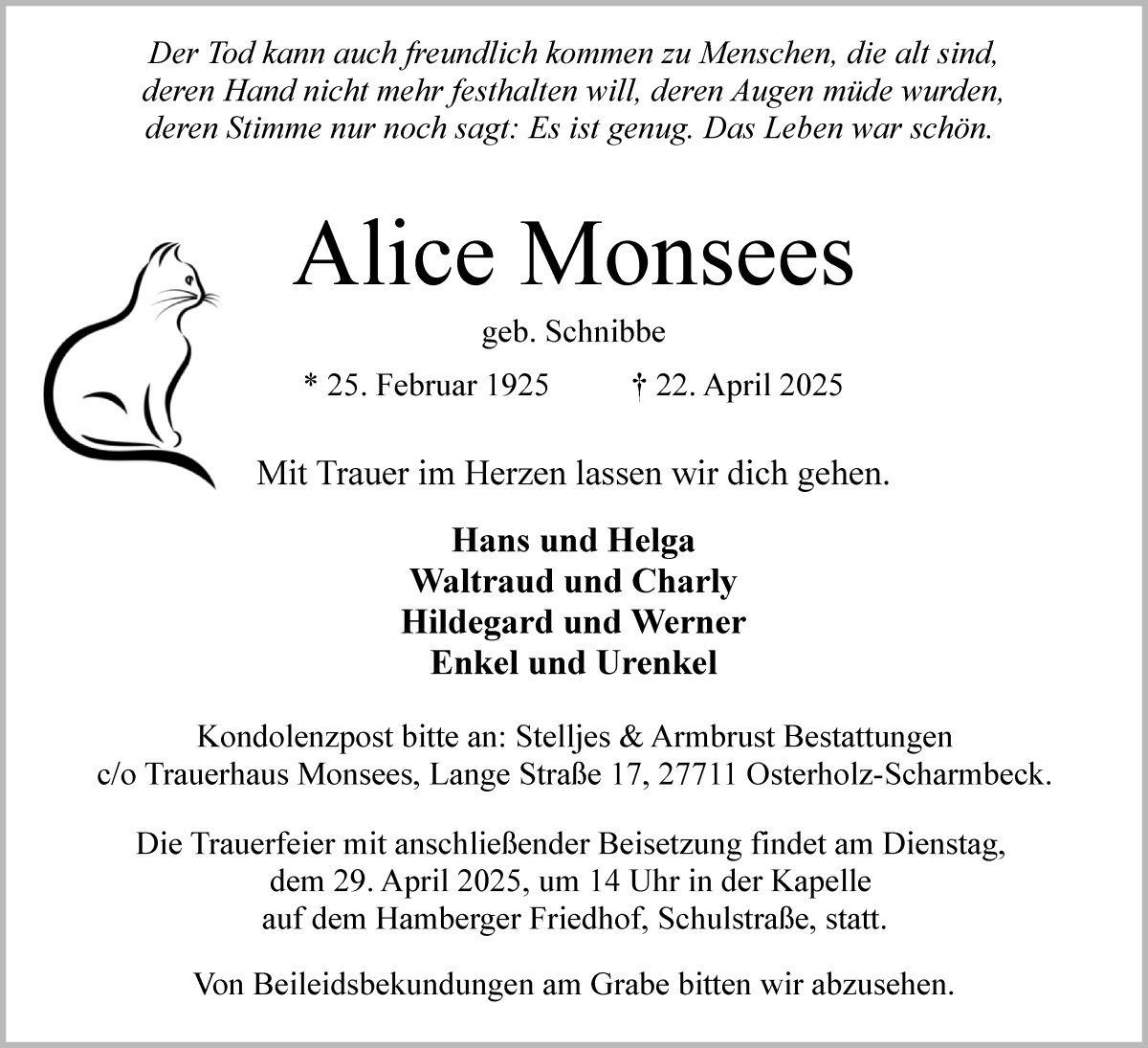 Traueranzeige von Alice Monsees von Osterholzer Kreisblatt