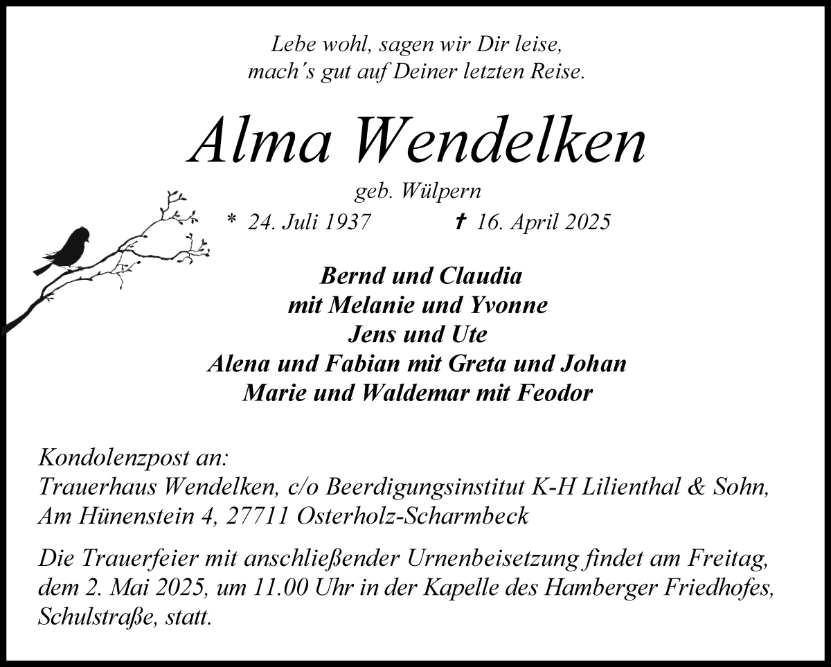 Traueranzeige von Alma Wendelken von Osterholzer Kreisblatt