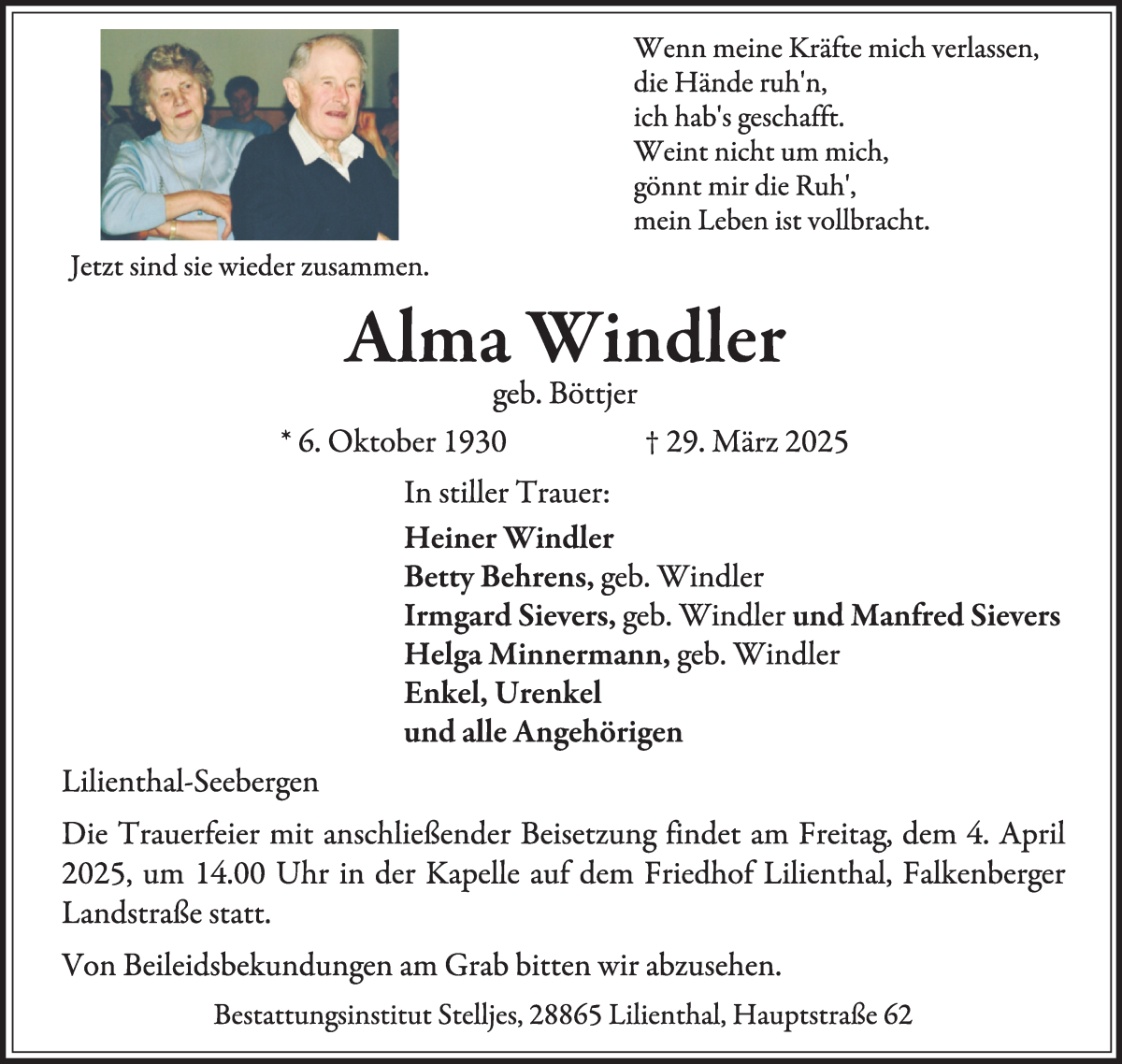 Traueranzeige von Alma Windler von Wuemme Zeitung