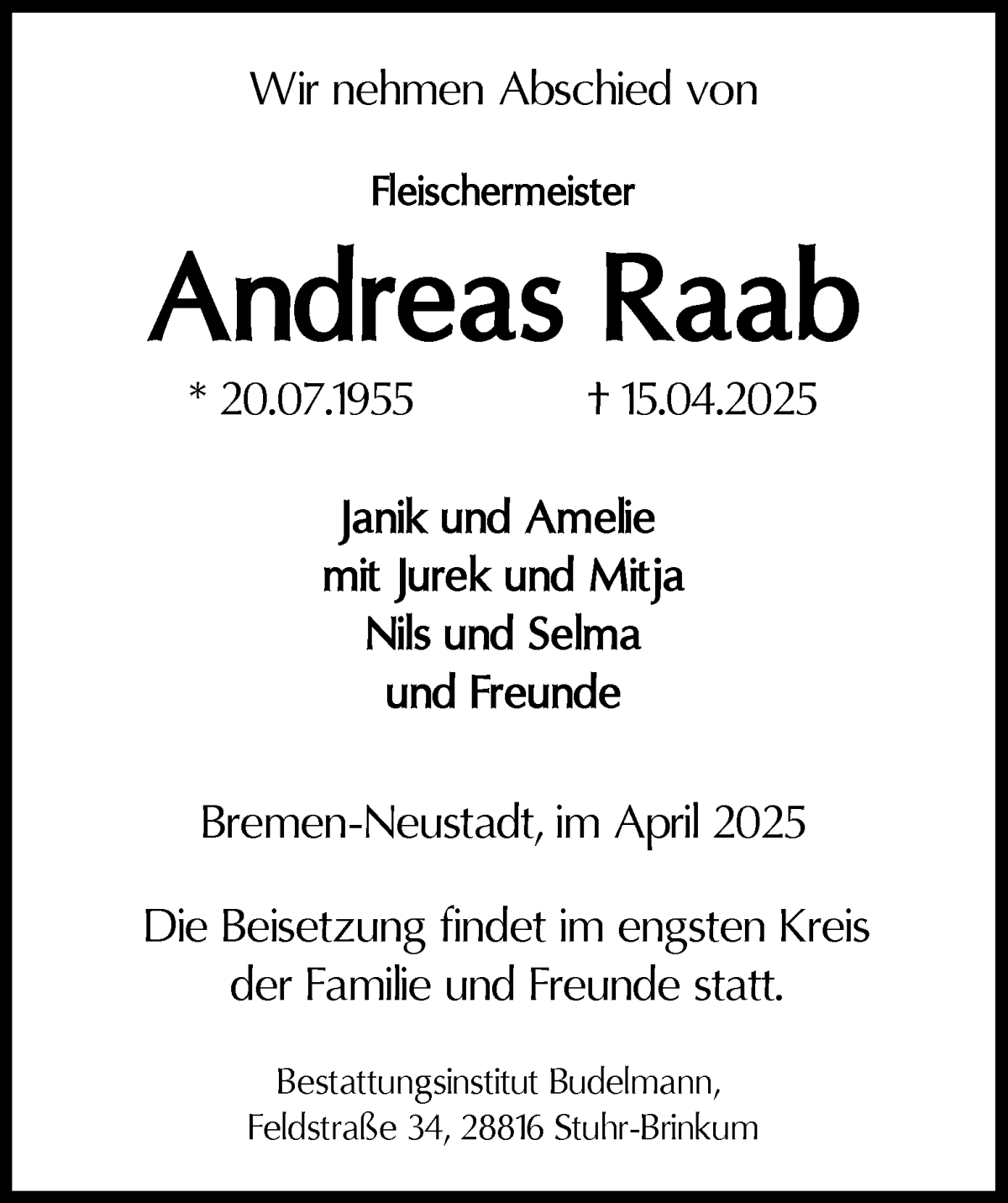 Traueranzeige von Andreas Raab von WESER-KURIER