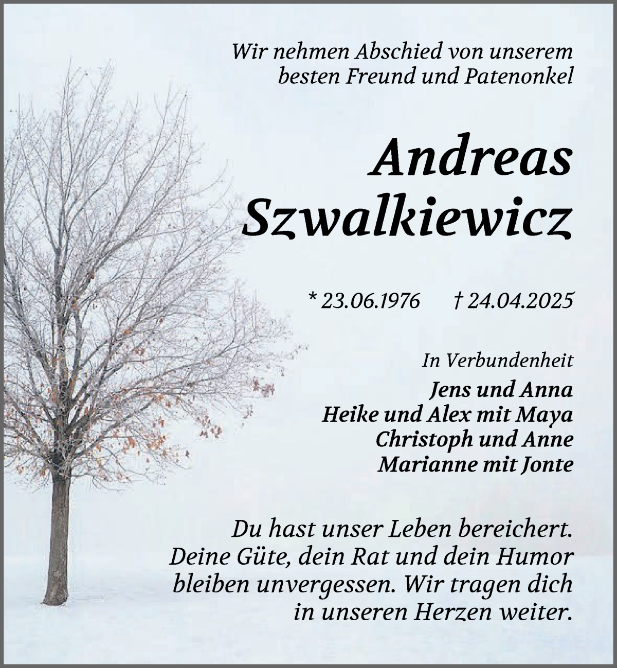 Traueranzeige von Andreas Szwalkiewicz von Die Norddeutsche