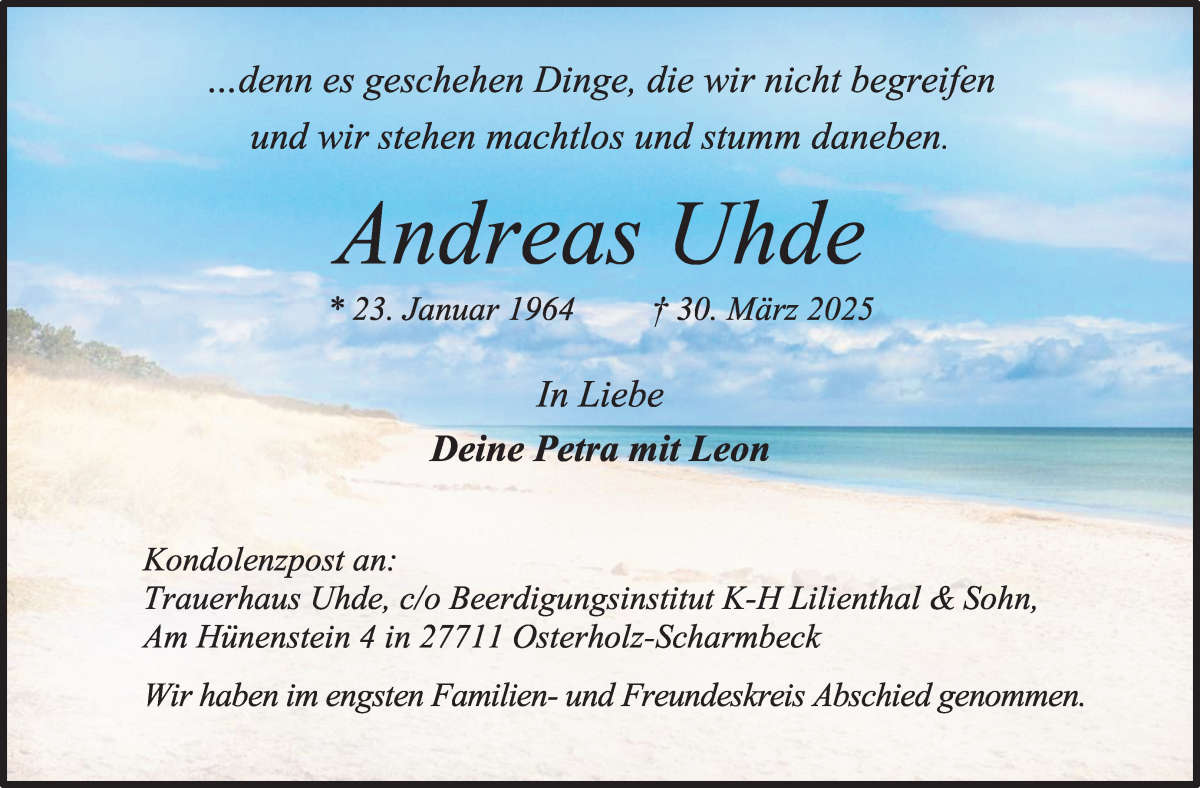 Traueranzeige von Andreas Uhde von Osterholzer Kreisblatt