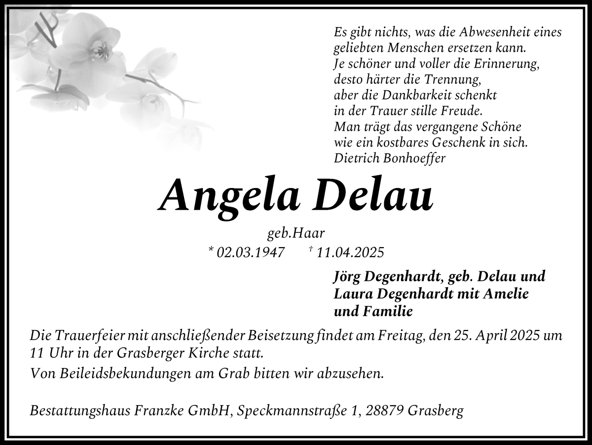 Traueranzeige von Angela Delau von Wuemme Zeitung