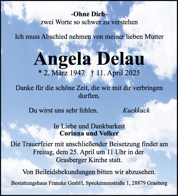 Traueranzeige von Angela Delau von Wuemme Zeitung