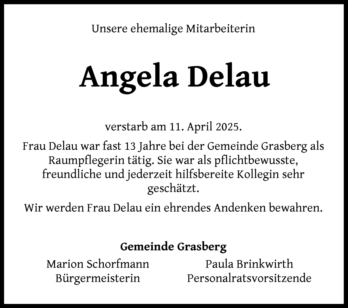 Traueranzeige von Angela Delau von Wuemme Zeitung