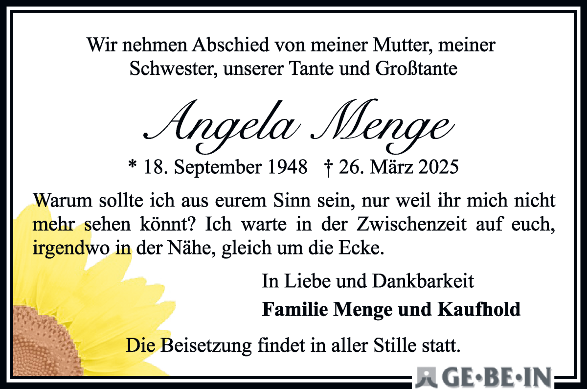 Traueranzeige von Angela Menge von WESER-KURIER