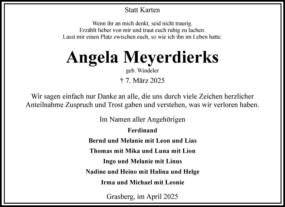 Traueranzeige von Angela Meyerdierks von Wuemme Zeitung