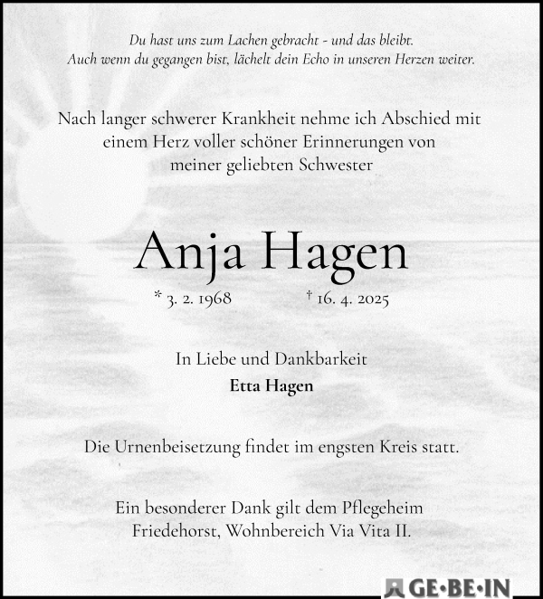 Traueranzeige von Anja Hagen von WESER-KURIER
