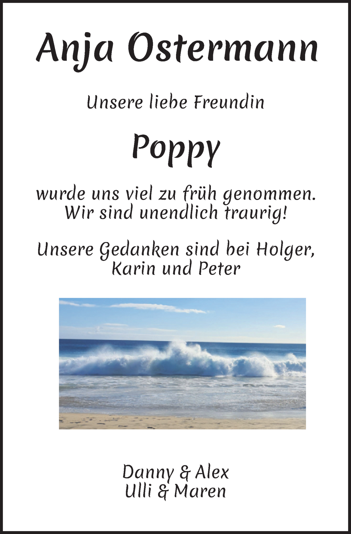Traueranzeige von Anja Ostermann von WESER-KURIER