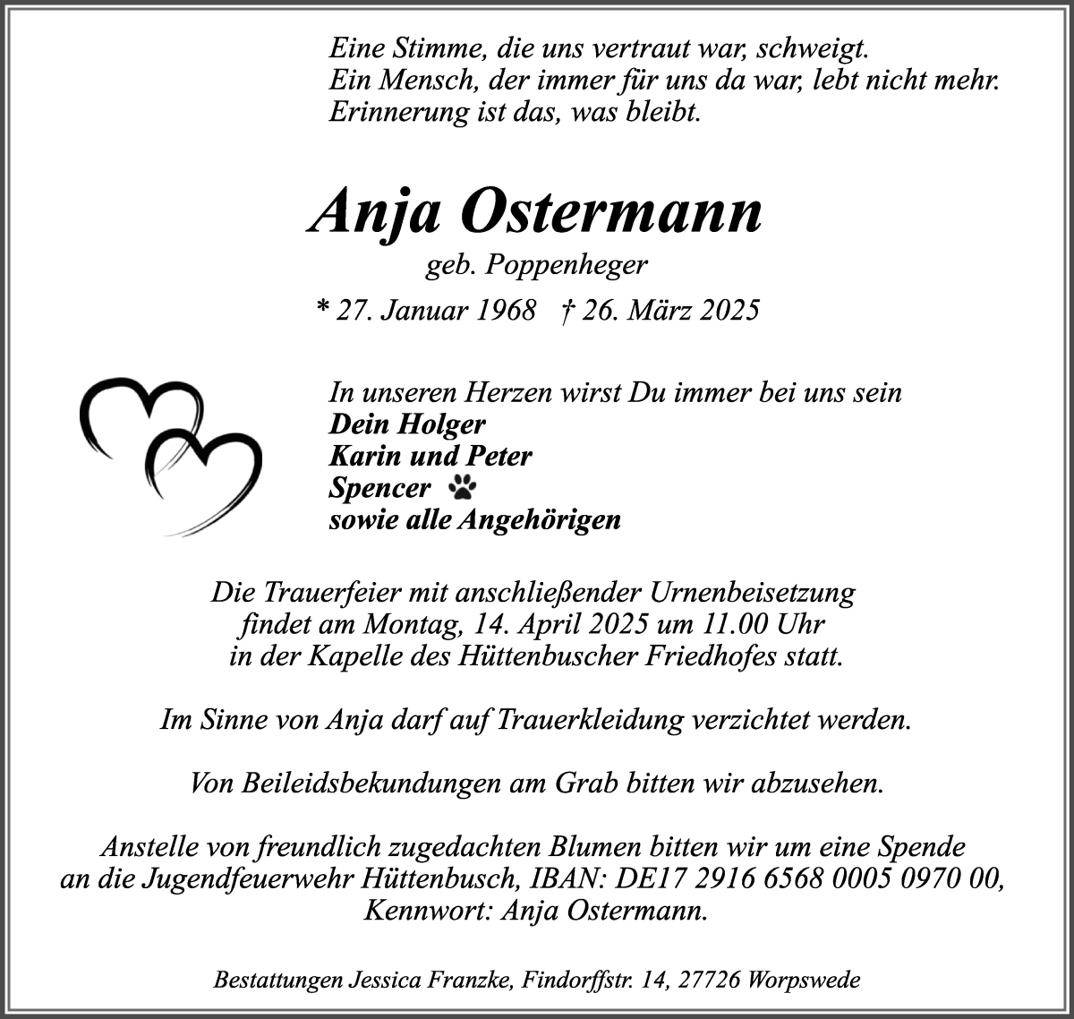 Traueranzeige von Anja Ostermann von WESER-KURIER