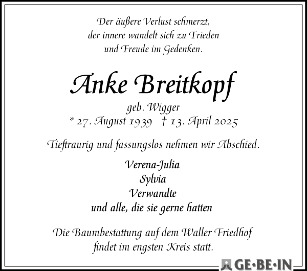 Traueranzeige von Anke Breitkopf von WESER-KURIER