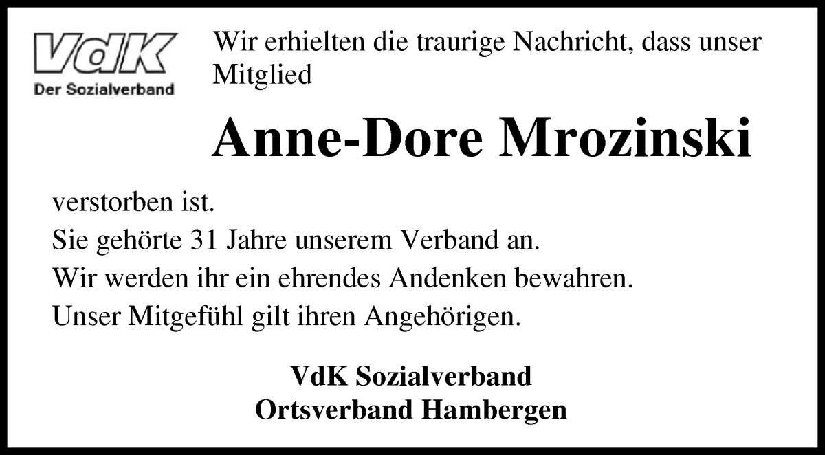 Traueranzeige von Anne-Dore Mrozinski   von Osterholzer Kreisblatt