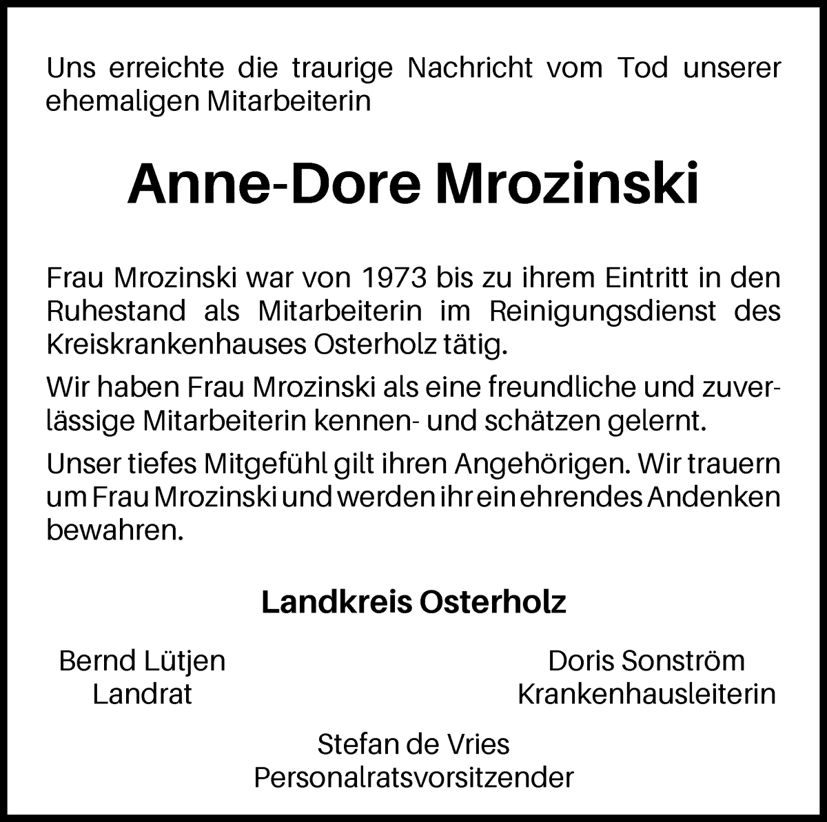 Traueranzeige von Anne-Dore Mrozinski   von Osterholzer Kreisblatt