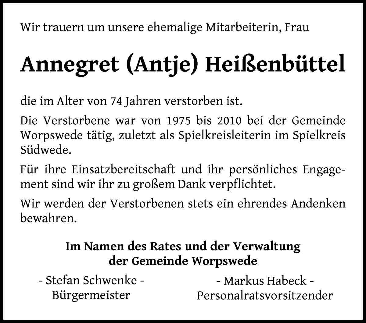 Traueranzeige von Annegret Heißenbüttel von Wuemme Zeitung