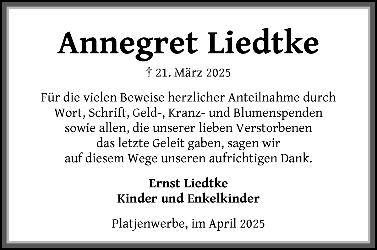 Traueranzeige von Annegret Liedtke von Die Norddeutsche