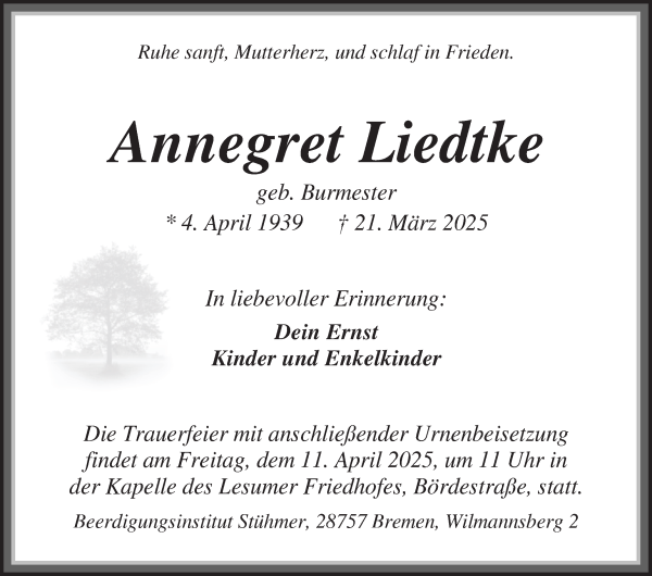 Traueranzeige von Annegret Liedtke von Osterholzer Kreisblatt