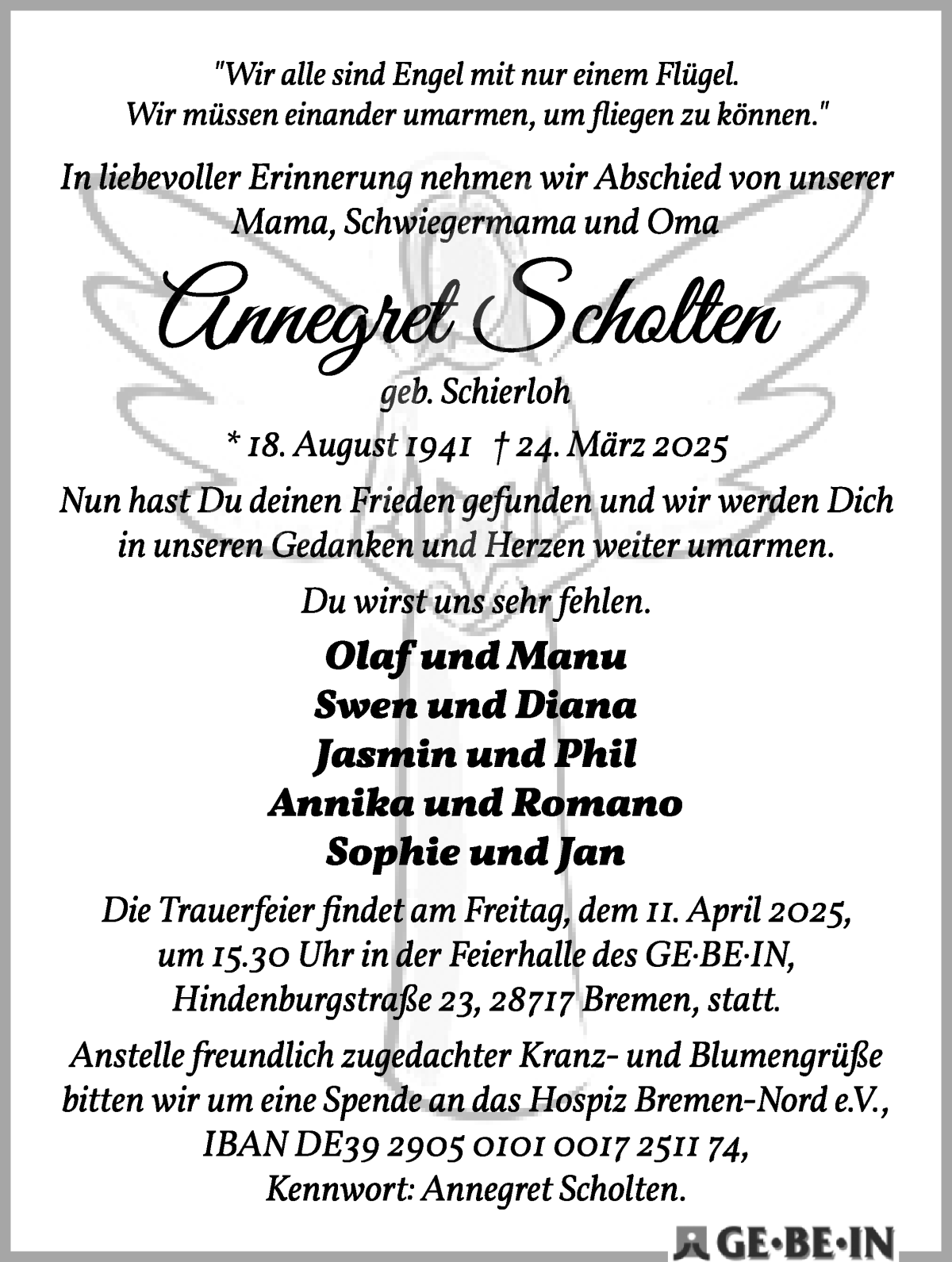 Traueranzeige von Annegret Scholten von WESER-KURIER