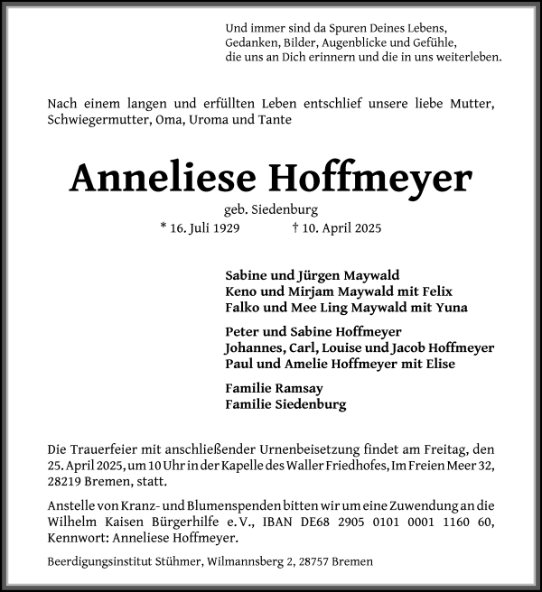 Traueranzeige von Anneliese Hoffmeyer von Die Norddeutsche
