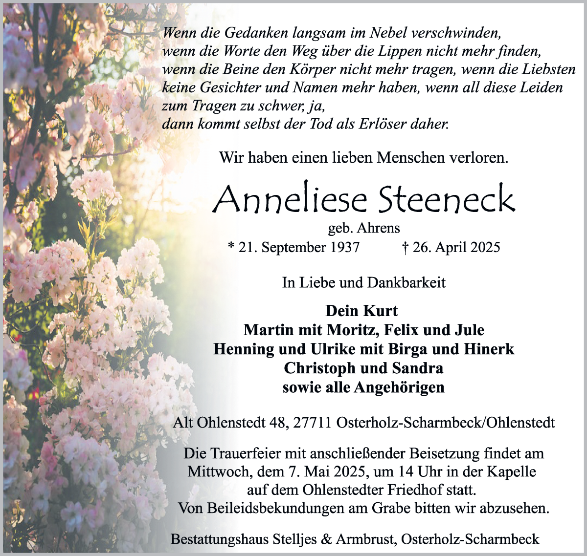 Traueranzeige von Anneliese Steeneck von Osterholzer Kreisblatt