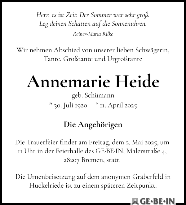 Traueranzeige von Annemarie Heide von WESER-KURIER