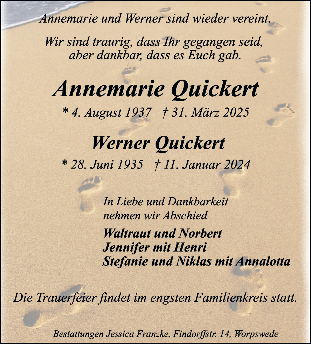 Traueranzeige von Annemarie und Werner Quickert von Wuemme Zeitung