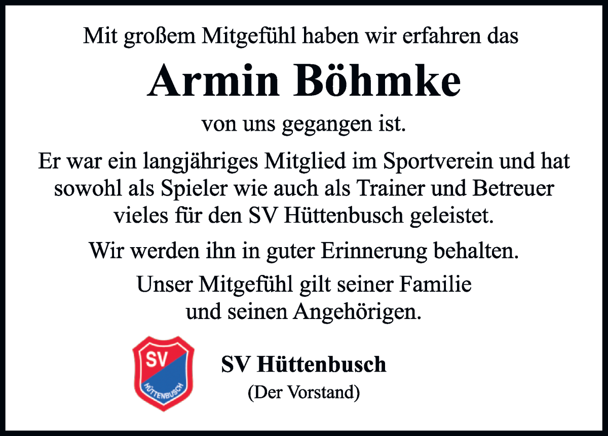 Traueranzeige von Armin Böhmke von Wuemme Zeitung