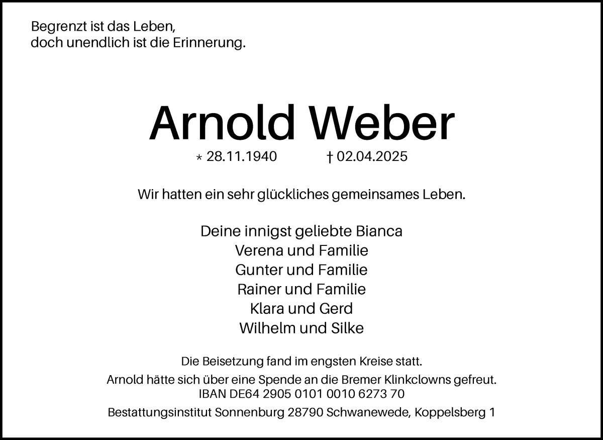 Traueranzeige von Arnold Weber von Die Norddeutsche