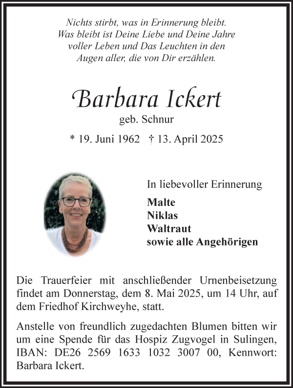 Traueranzeige von Barbara Ickert von WESER-KURIER