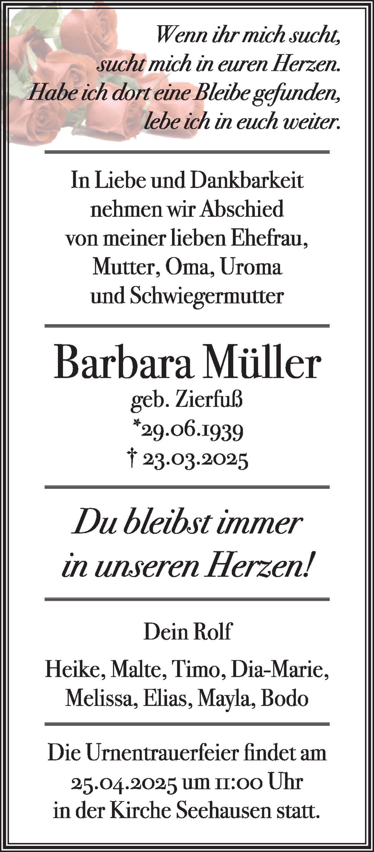 Traueranzeige von Barbara Müller von WESER-KURIER