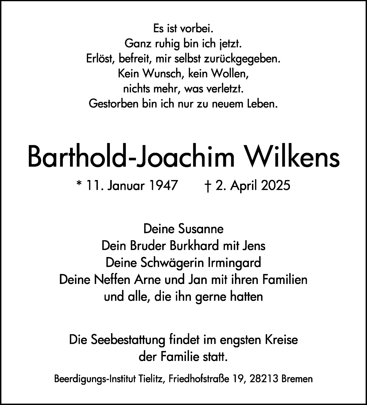 Traueranzeige von Barthold-Joachim Wilkens von WESER-KURIER