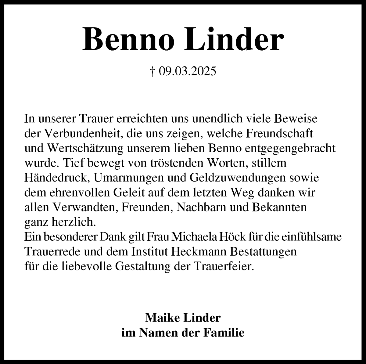 Traueranzeige von Benno Linder von Die Norddeutsche