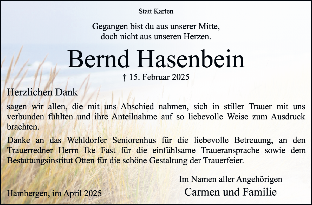Traueranzeige von Bernd Hasenbein von Osterholzer Kreisblatt
