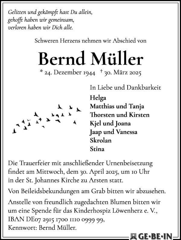 Traueranzeige von Bernd Müller von WESER-KURIER