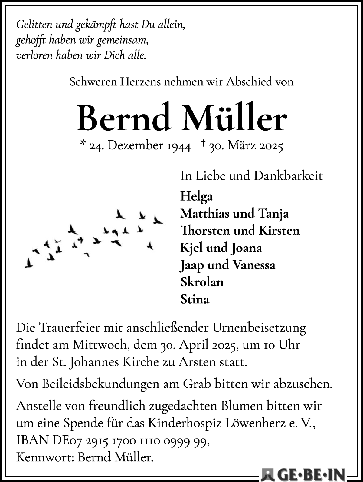 Traueranzeige von Bernd Müller von WESER-KURIER